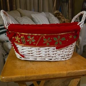 Festive Red and White Wicker Oblong Basket, NWOT.